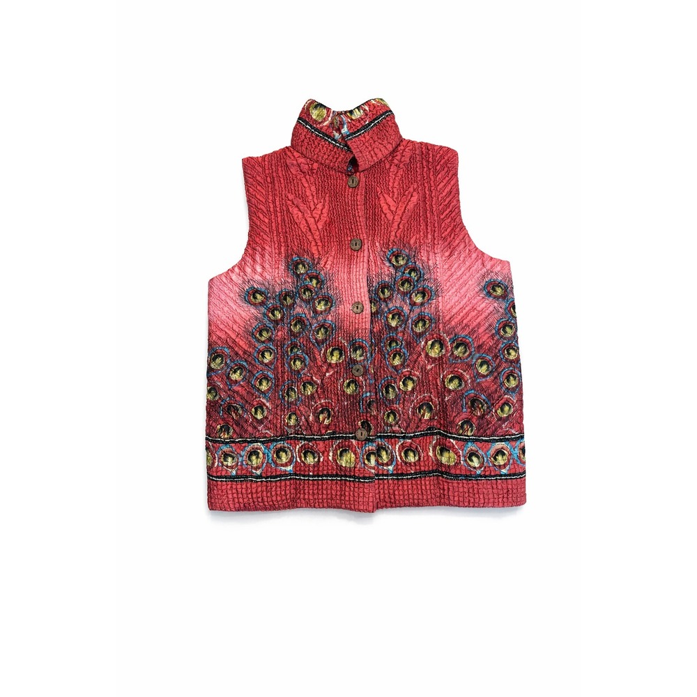Textured Crinkle Peacock Feather Print Button Vest Red Pink Ombre Mandarin